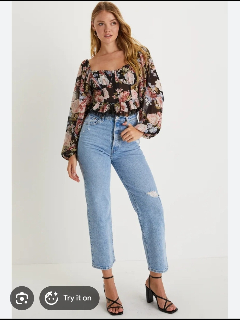 Lulu's Black Floral Peasant Blouse with Puff Sleeves